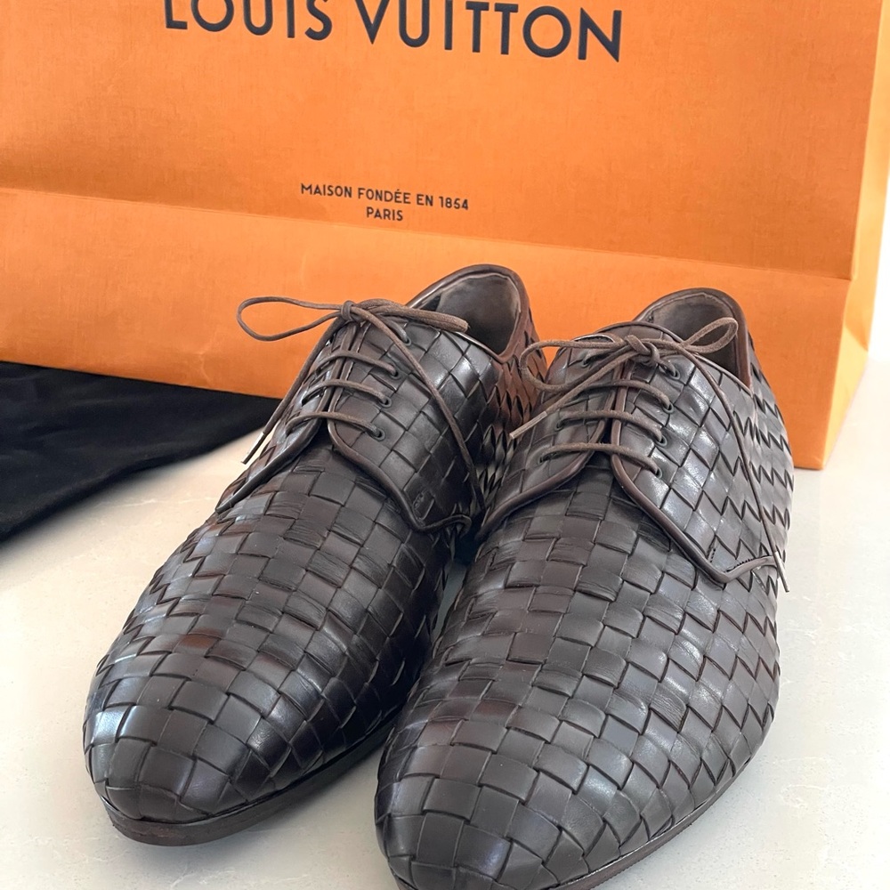 SOLD Louis Vuitton Dark Brown Woven Leather Derby Shoes Mint condition
